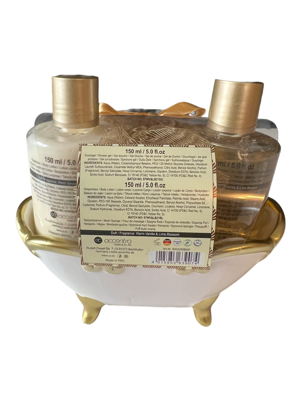 Accentra edle Badewanne in weiß/gold mit Duschgel und Körperlotion