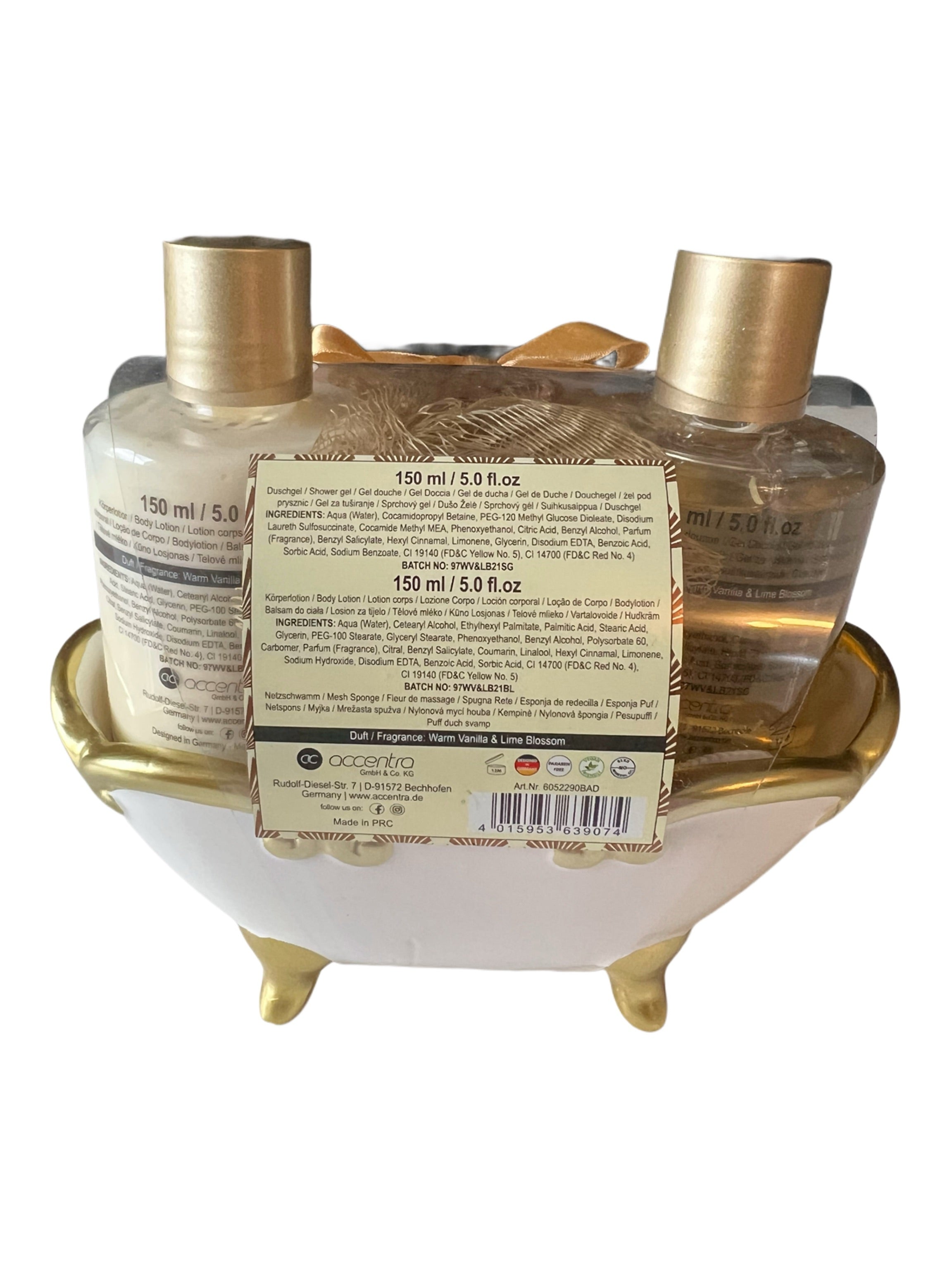 Accentra edle Badewanne in weiß/gold mit Duschgel und Körperlotion